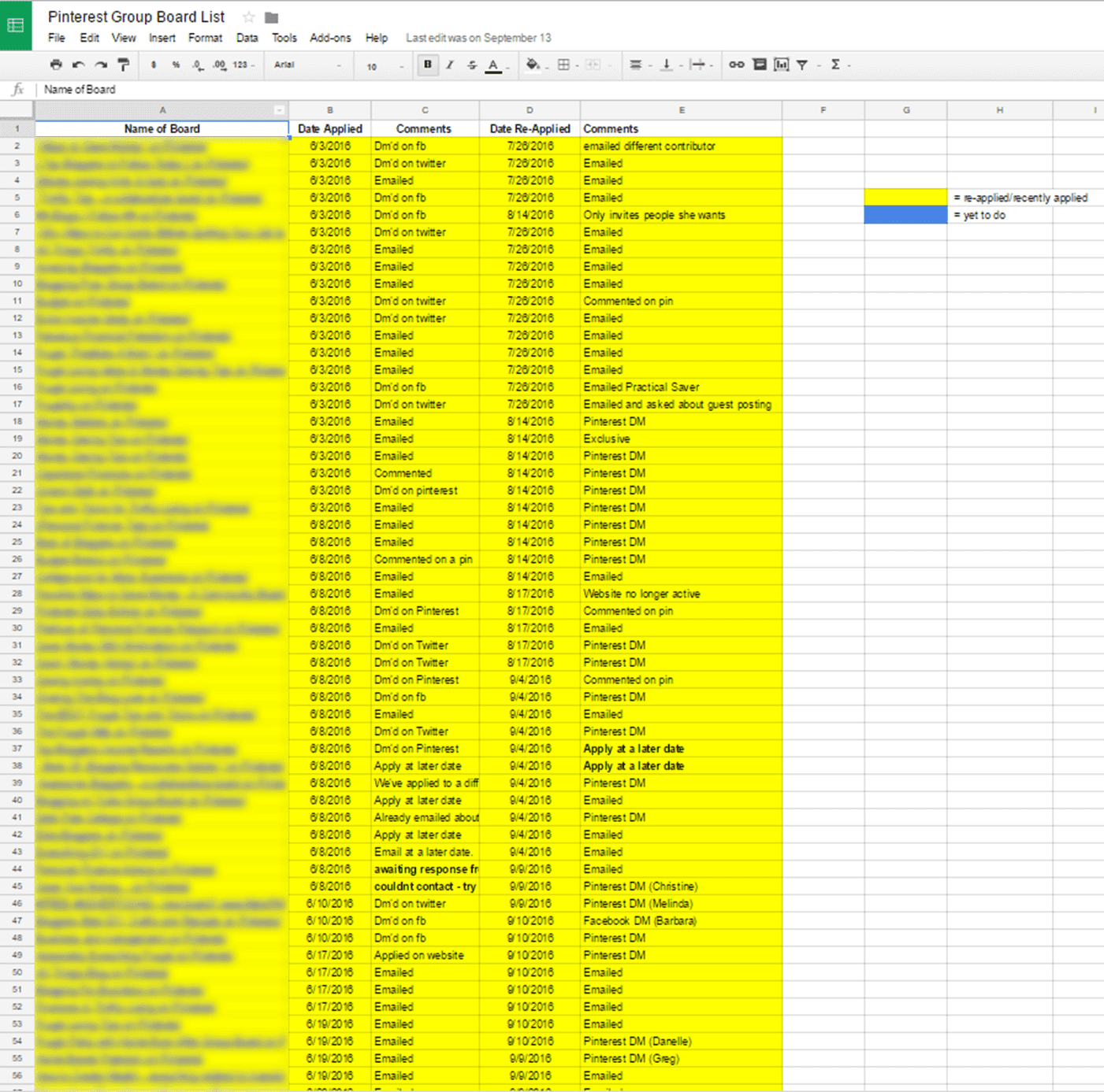 Pinterest group board application spreadsheet tracker