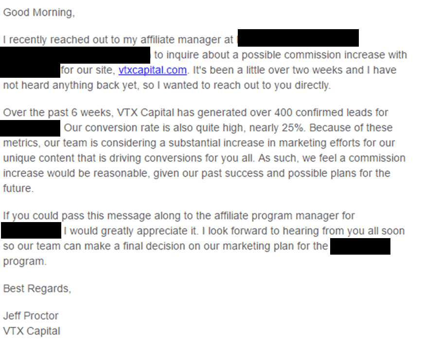 Email negotiating commission increase with affiliate manager