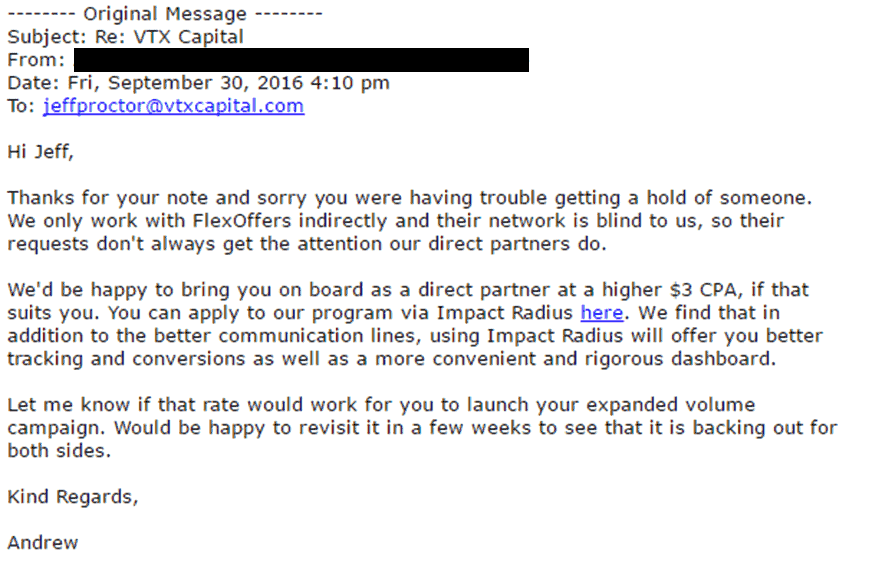 Affiliate manager email response to negotiating affiliate commission increase