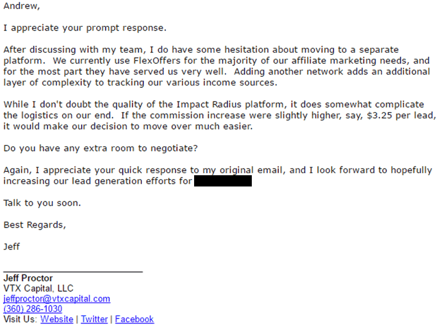 Second affiliate email to affiliate manager negotiating affiliate commission increase