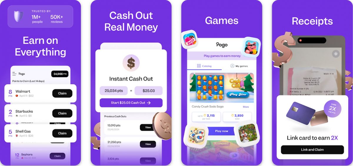 Pogo app dashboard showing how users can earn points from everyday purchases like groceries and gas, instantly cash out for PayPal money, play games for rewards, and scan receipts for extra points.