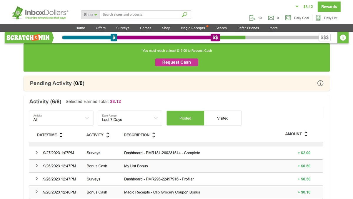 inboxdollars activity dashboard