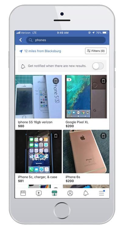 screenshot of Facebook Marketplace used for selling phones