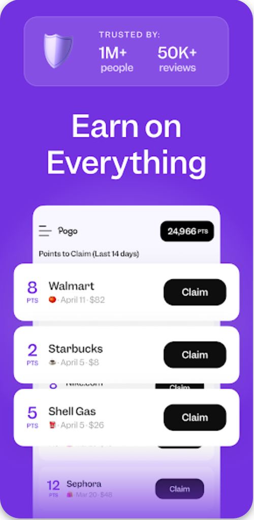 Pogo app dashboard showing recent cash back rewards from Walmart, Starbucks, Shell, and Sephora purchases, with a ‘Claim’ button beside each—highlighting how users can earn points on everyday spending.