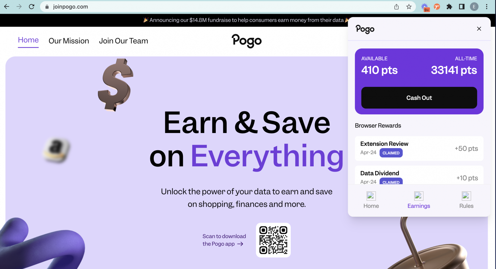 Pogo browser extension showing auto-applied rewards and coupon savings for online shopping