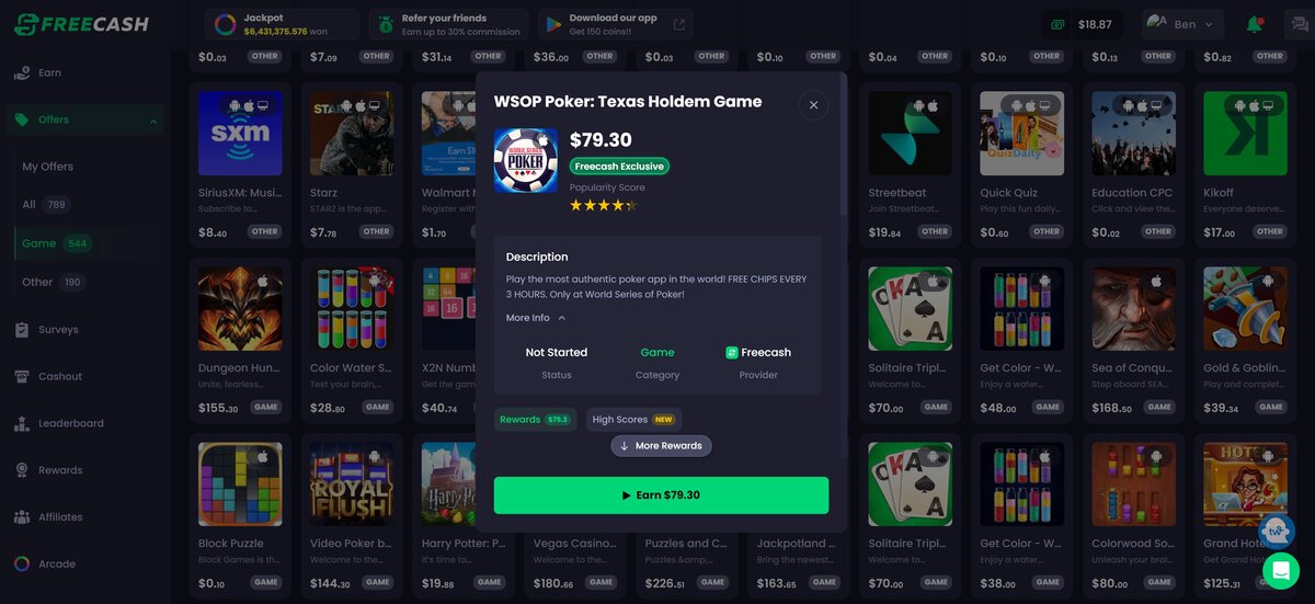 WSOP is one of hundreds of games users can play on Freecash to earn real money
