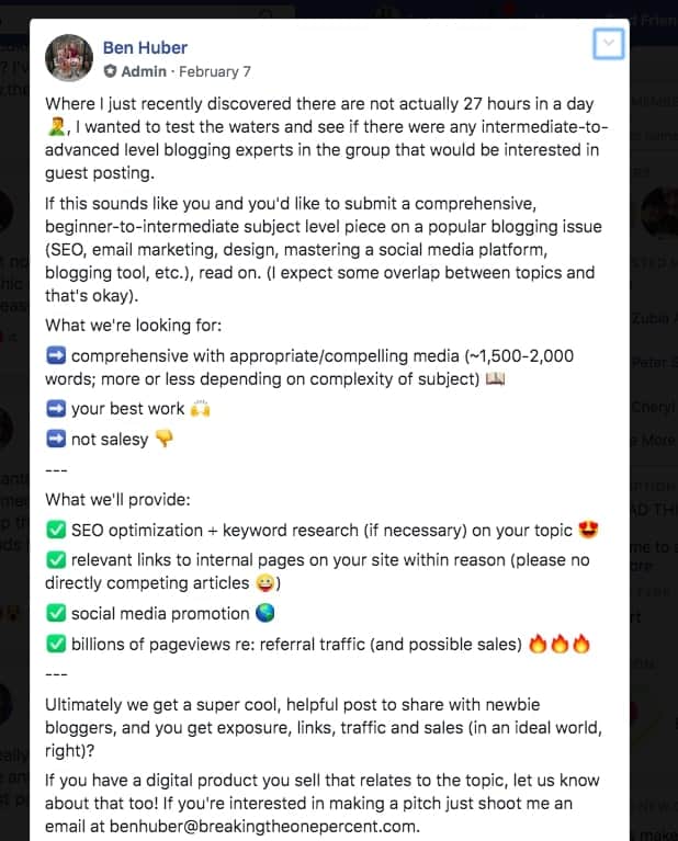 Facebook Post from Ben