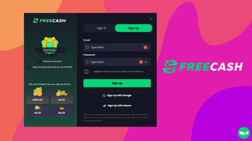 Earn up to $250 in free cash when you create an account on FreeCash.com