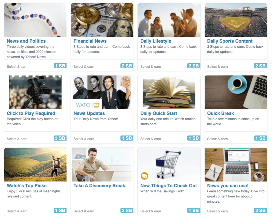 Screenshot from Swagbucks showing videos you can watch to earn money