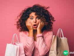 A woman holding shopping bags against a pink background. She has a distressed look on her face.