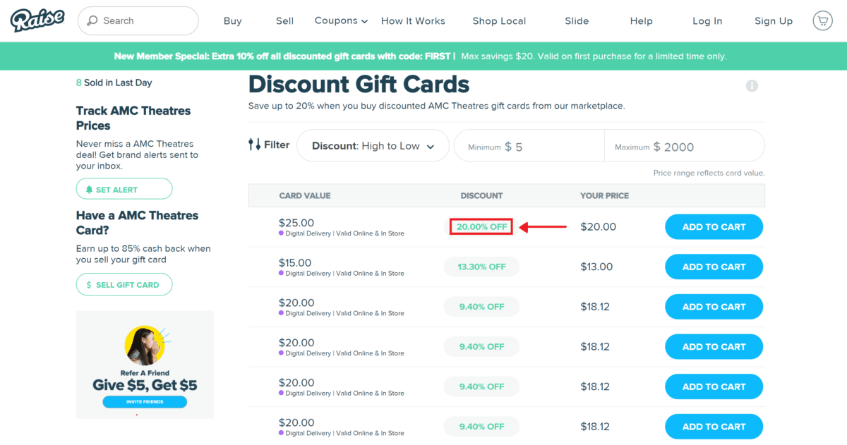 discount AMC gift cards on Raise