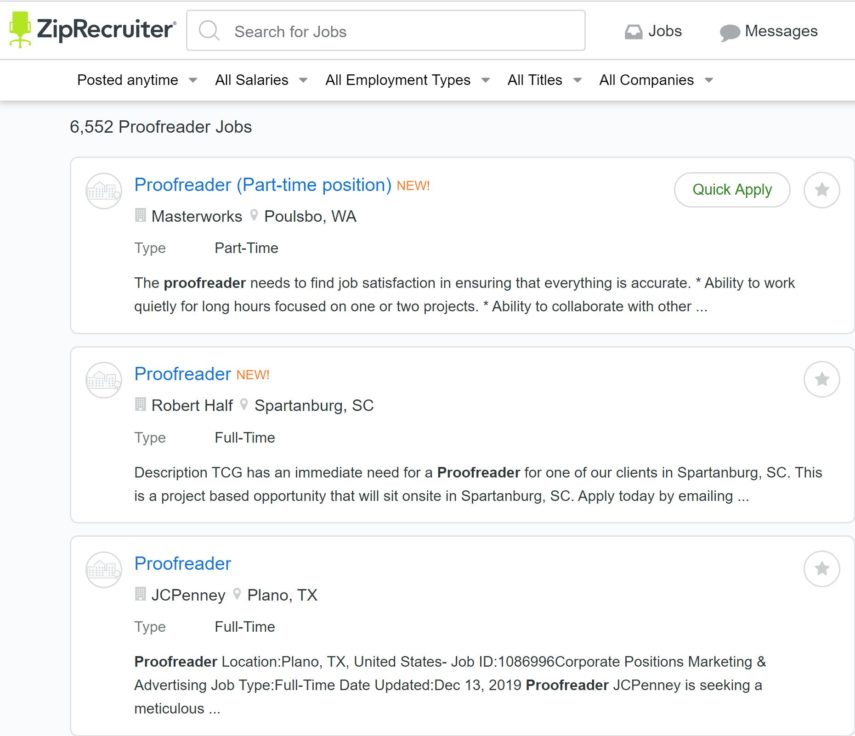 ziprecuiter proofreading jobs board