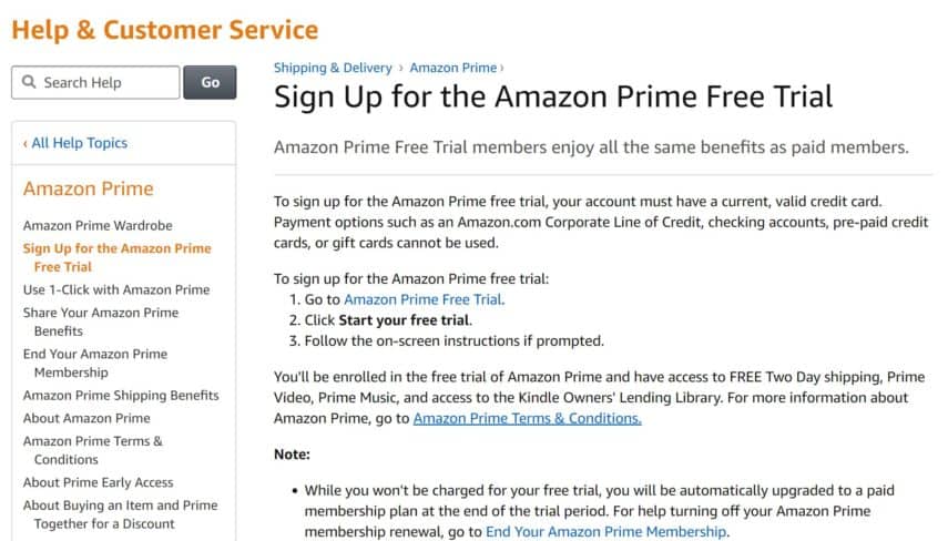 Sign up for the Amazon Prime free trial with a valid credit card