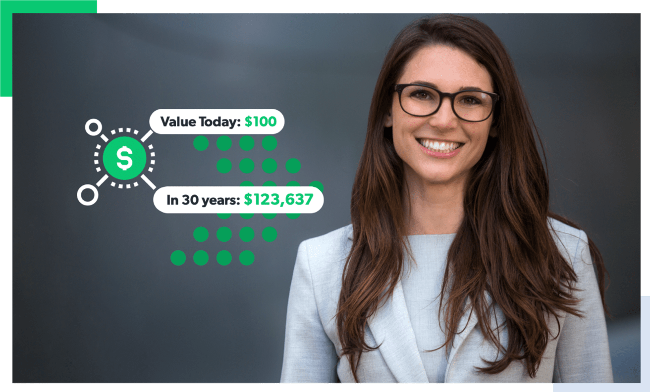 woman standing against a gray background with investing statistics showing