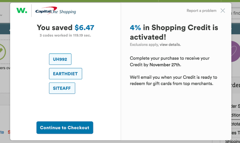 example savings on capital one shopping app