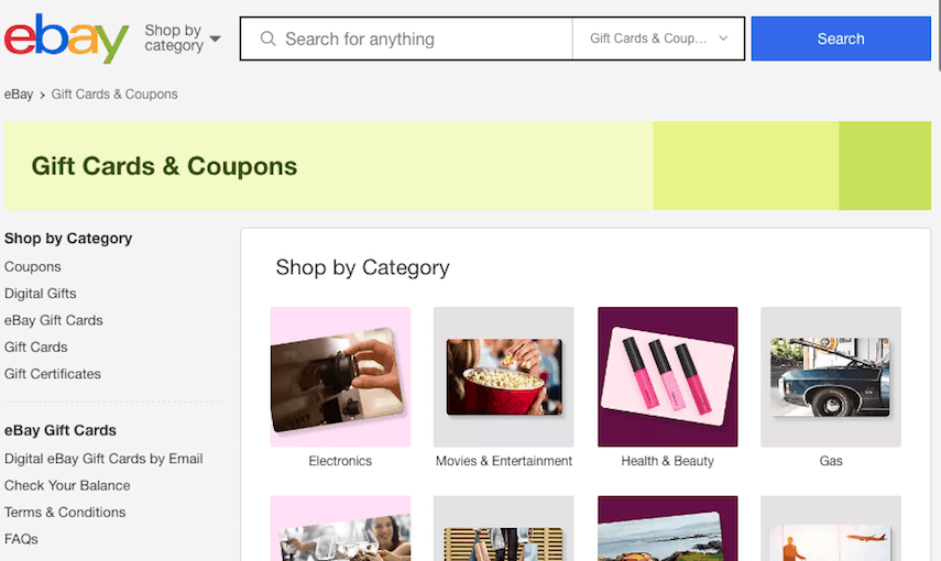 eBay Gift Cards Screen