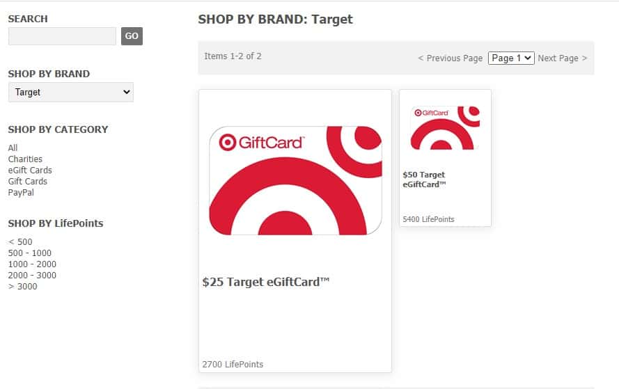 Target gift card from LifePoints