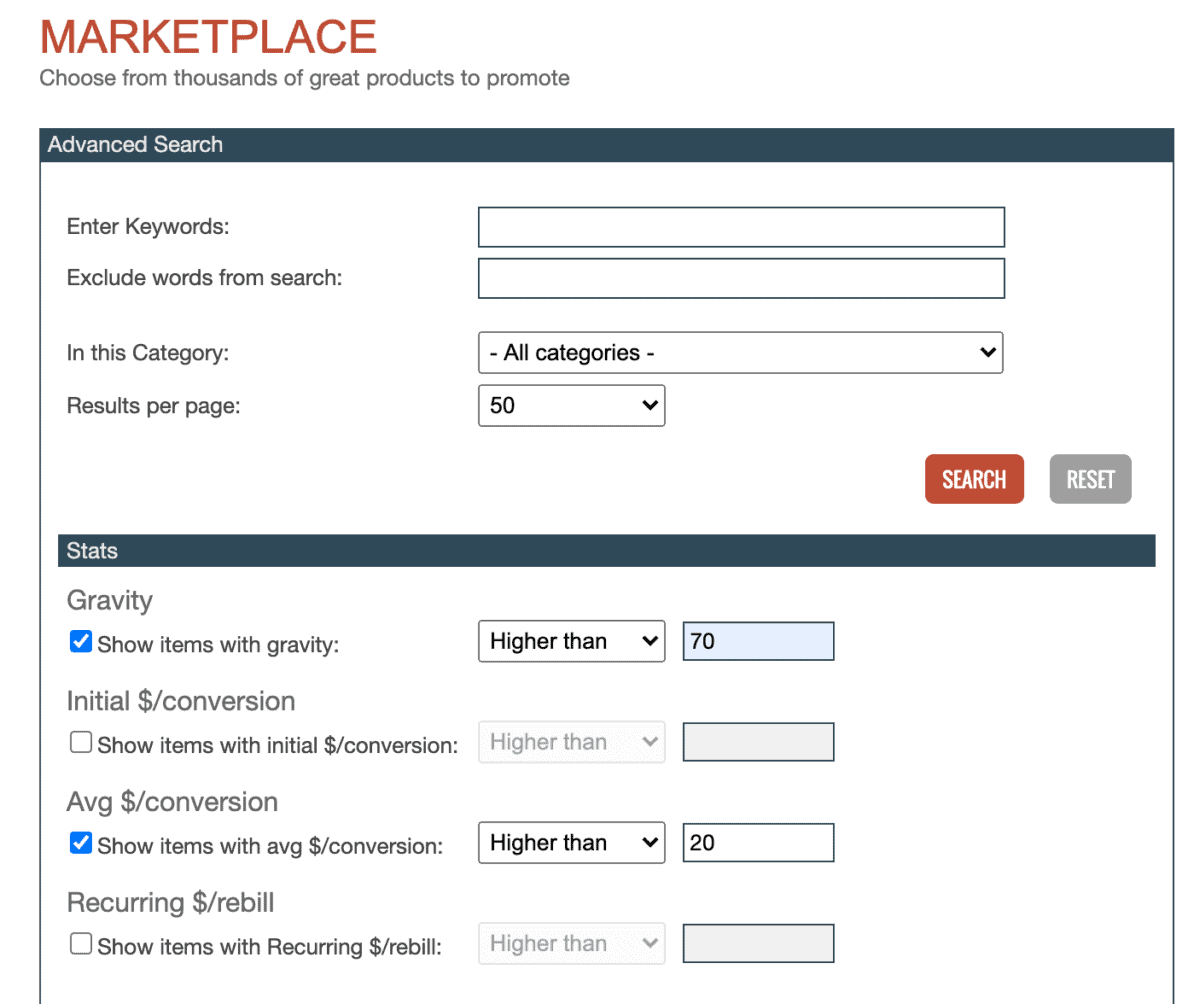 Clickbank Marketplace screenshot