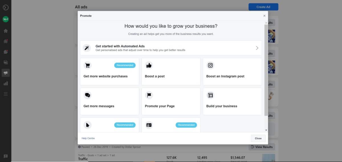 facebook ad objective types