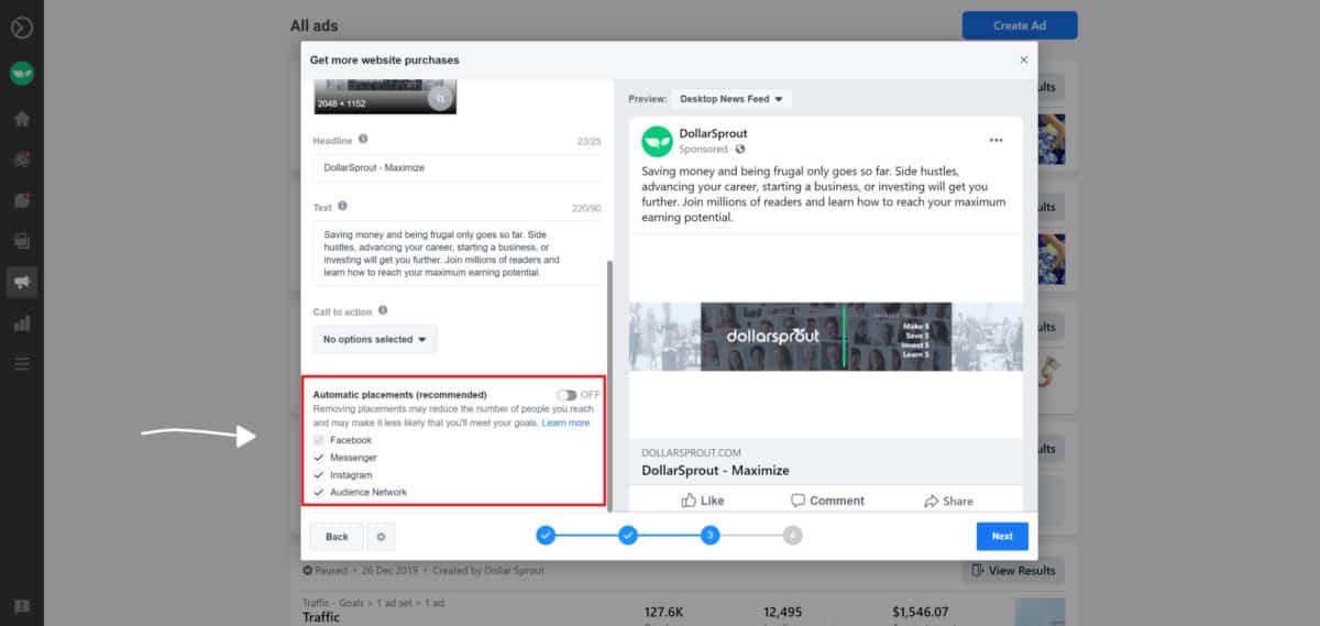 Facebook Ad placement options