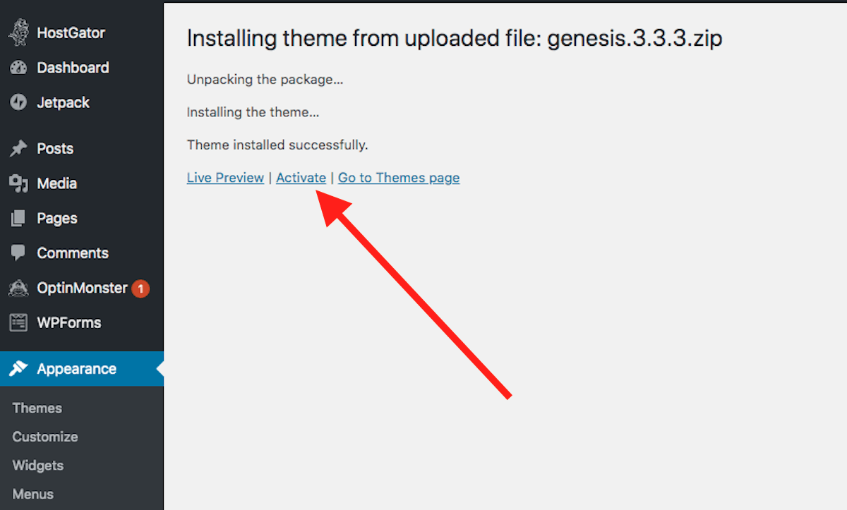 Activate Theme on WordPress