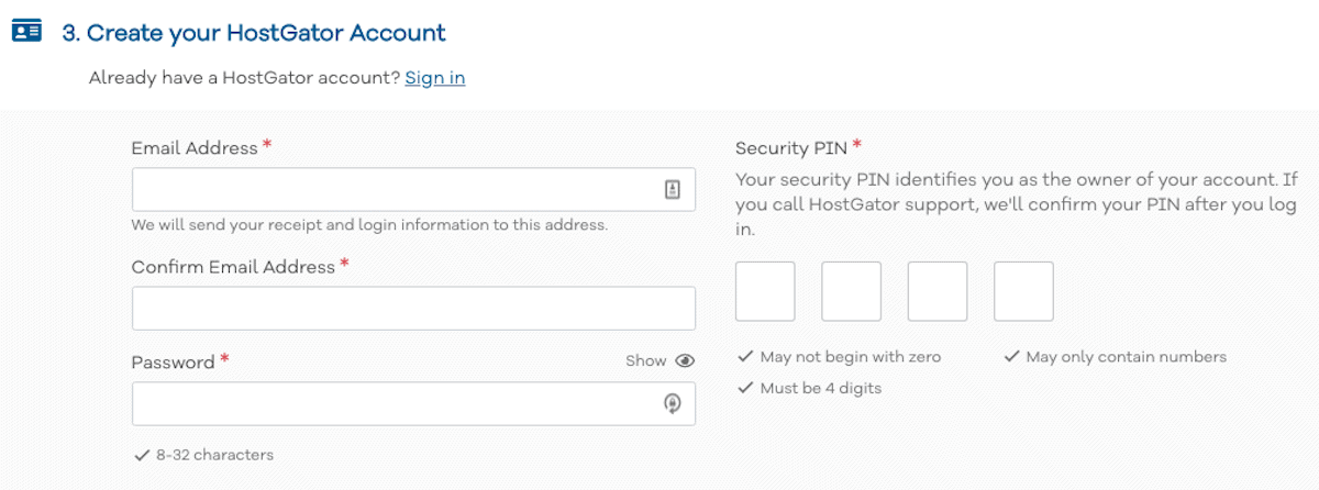 HostGator Create Your Account