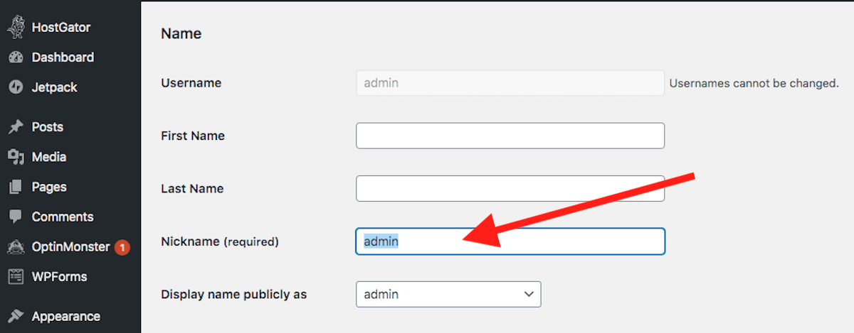 WordPress change user nickname
