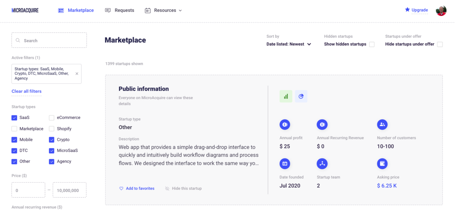 MicroAcquire screenshot showing a marketplace listing