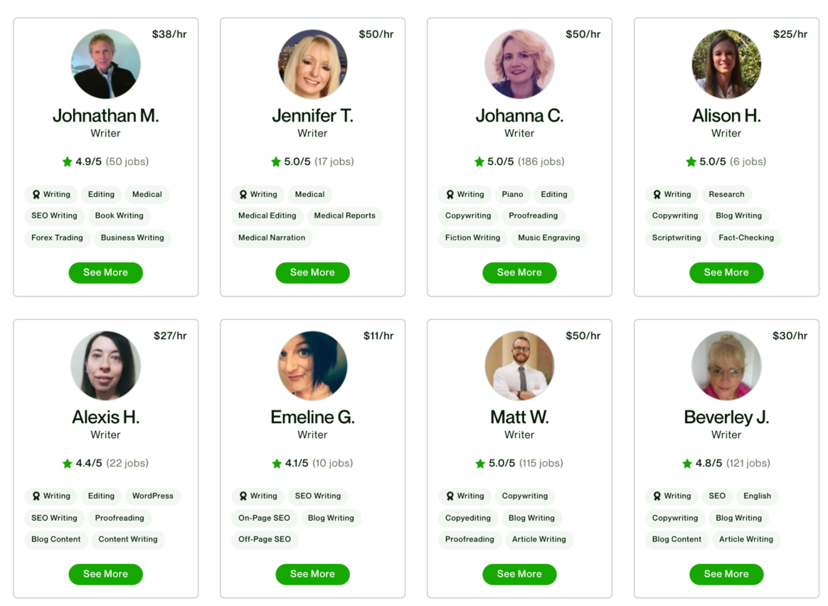 Upwork sceenshot showing freelance writing rates.