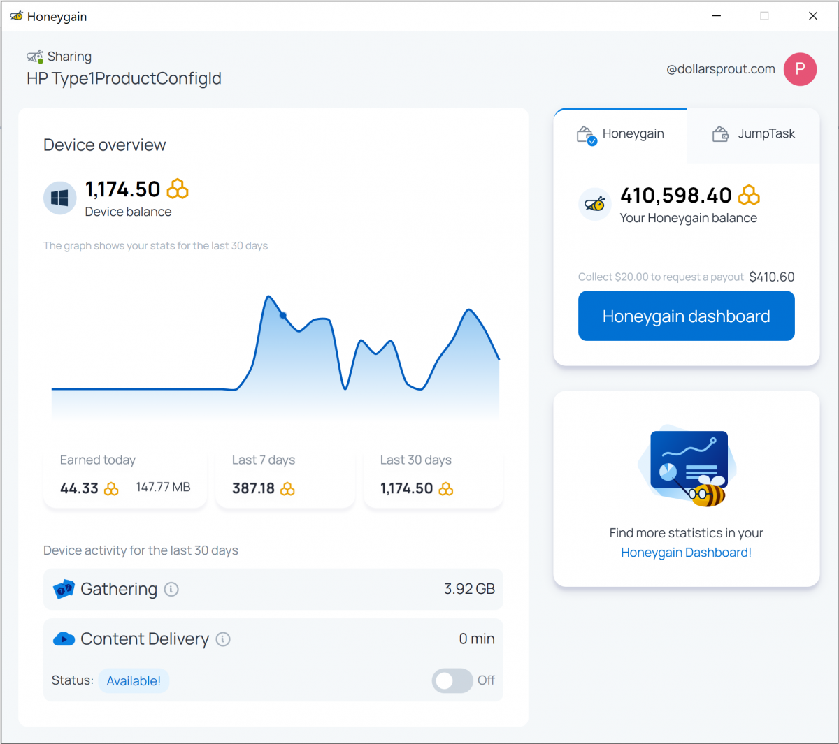 dollarsprout's honeygain dashboard