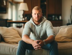 A concerned and self reflective man in his late twenties sitting on a couch in a modest apartment.
