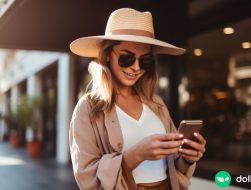 A woman wearing a sunhat on a city street looking at her phone.