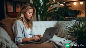 A freelancer working from her couch during quarantine.