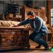 A man moving a dresser in his living room.