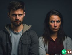 A couple in their late twenties looking at the camera with a look of disagreement on their faces.