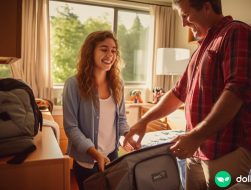 A father helping his daughter move into her college dorm.