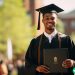 A young African American man holding his masters degree at an outdoor graduation ceremony.