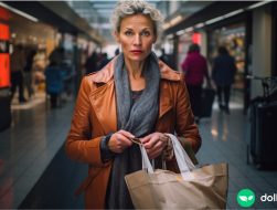 A somewhat ashamed woman in her early 40s with a shopping addiction, holding a bunch of shopping bags.