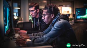 A young tech worker fervently typing on his keyboard while his coworker sits by anxiously watching and hoping he can fix the problem.