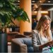 A well dressed self employed entrepreneur texting on her phone in a hotel lobby, waiting to meet with a client.