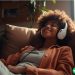 A woman jamming out on her couch with her headphones on
