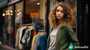A woman standing outside looking into a clothing boutique with a sad look on her face.
