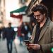 A millennial looking at his phone as he walks down the street in a bustling city.