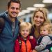 A young family at the airport waiting to board their flight.