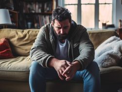 A depressed looking man sitting at home alone in his living room