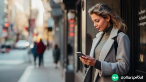 Woman using phone on city sidewalk to earn passive income selling her data