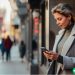 Woman using phone on city sidewalk to earn passive income selling her data