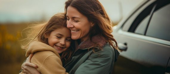 woman hugging child in front of recently received free car