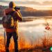 A man with a backpack and a camera taking a picture of a beautiful lake during the fall season.