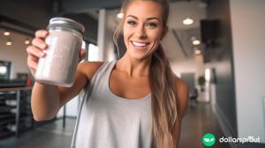 A fitness influencer holding up a protein shake for the camera for a sponsored ad.